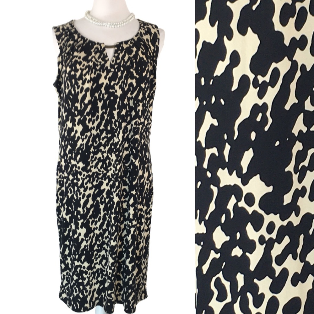 Dana Buckman Black Cream Abstract Sleeveless Stretch Midi Shift Dress Medium